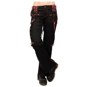 Black straight legged pants red contrast stitching plaid tartan suspenders punk